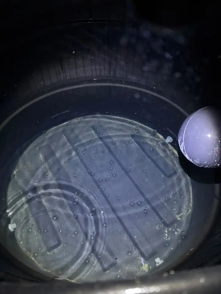 Sediment at the bottom of a new water tank, seen by torchlight